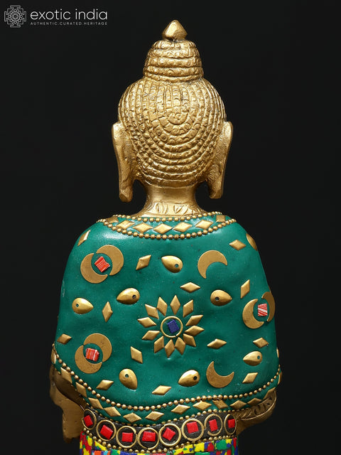 11" Standing Lord Buddha in Abhaya and Varada Mudra | Brass Statue with Inlay Work