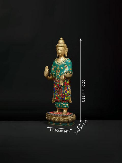 11" Standing Lord Buddha in Abhaya and Varada Mudra | Brass Statue with Inlay Work