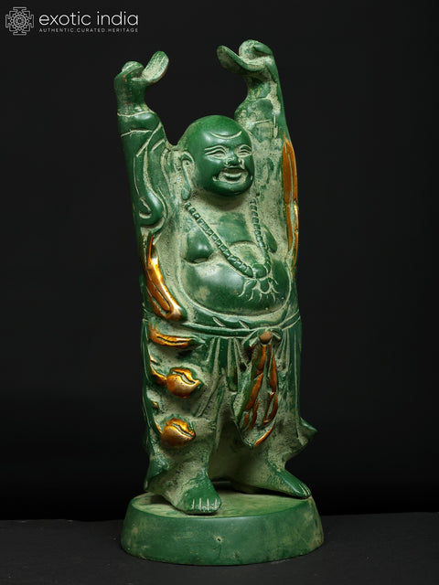 9" Prosperity Laughing Buddha with Uplifted Hands | Brass Statue