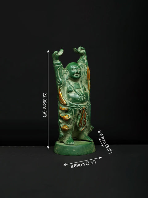 9" Prosperity Laughing Buddha with Uplifted Hands | Brass Statue
