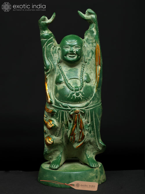 9" Laughing Buddha Brass Statue with Uplifted Hands for Prosperity