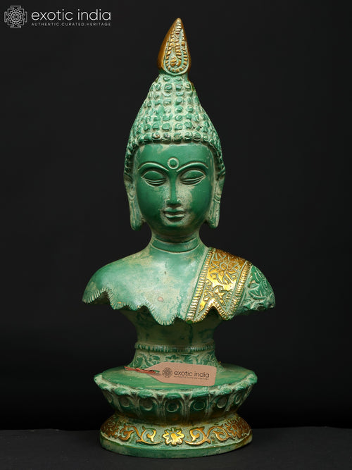 10" Divine Buddha Bust Brass Statue with Golden Robe Accent