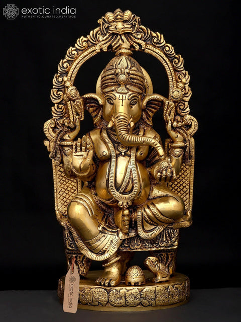10" Four Armed Blessing Lord Ganesha Seated on Kirtimukha Throne | Brass Statue