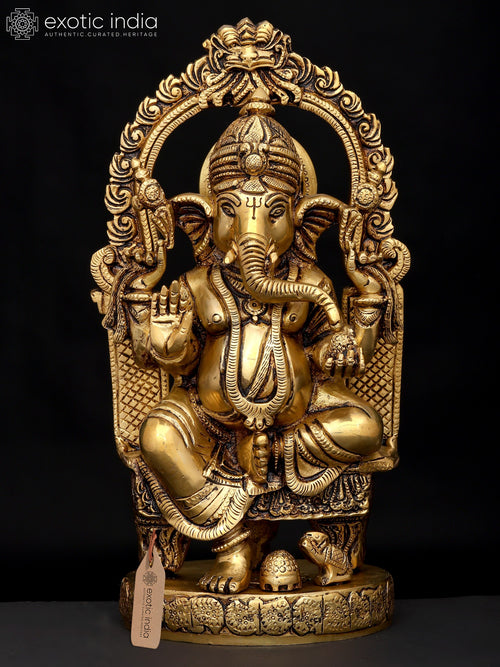 10" Four Armed Ganesha on Kirtimukha Throne Brass Statue