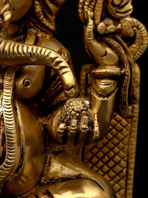 10" Four Armed Blessing Lord Ganesha Seated on Kirtimukha Throne | Brass Statue