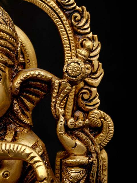 10" Four Armed Blessing Lord Ganesha Seated on Kirtimukha Throne | Brass Statue