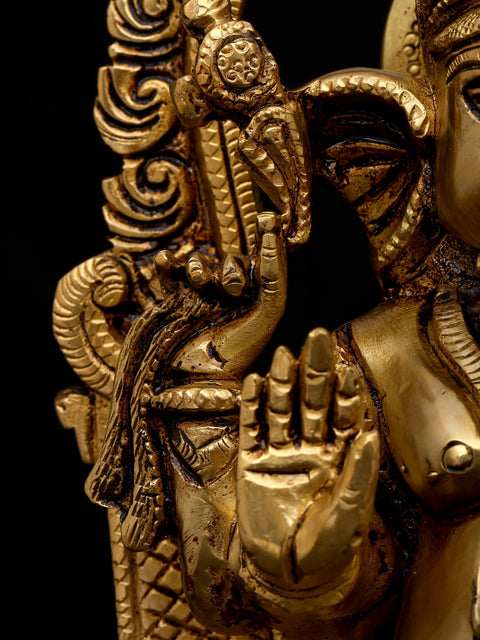 10" Four Armed Blessing Lord Ganesha Seated on Kirtimukha Throne | Brass Statue