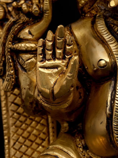 10" Four Armed Blessing Lord Ganesha Seated on Kirtimukha Throne | Brass Statue
