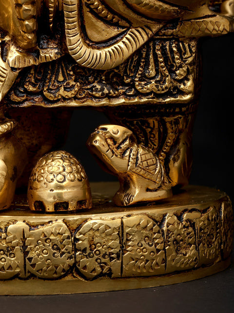 10" Four Armed Blessing Lord Ganesha Seated on Kirtimukha Throne | Brass Statue