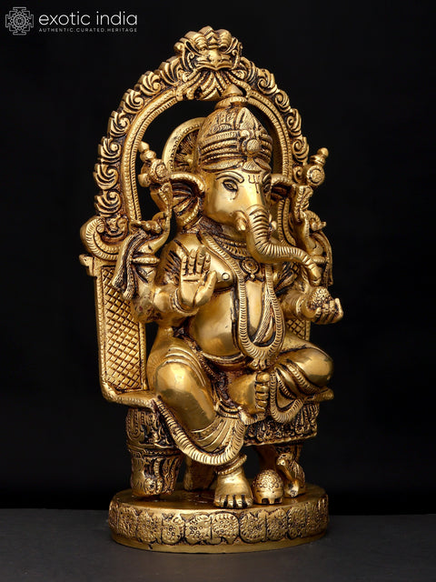 10" Four Armed Blessing Lord Ganesha Seated on Kirtimukha Throne | Brass Statue
