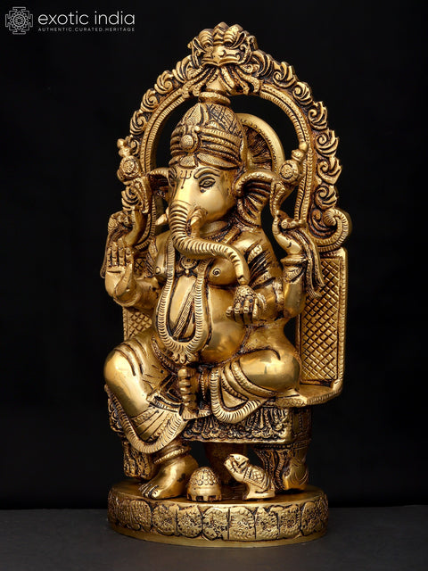 10" Four Armed Blessing Lord Ganesha Seated on Kirtimukha Throne | Brass Statue