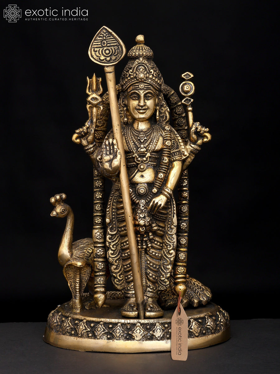 9" Standing Lord Murugan Brass Statue in Blessing Gesture