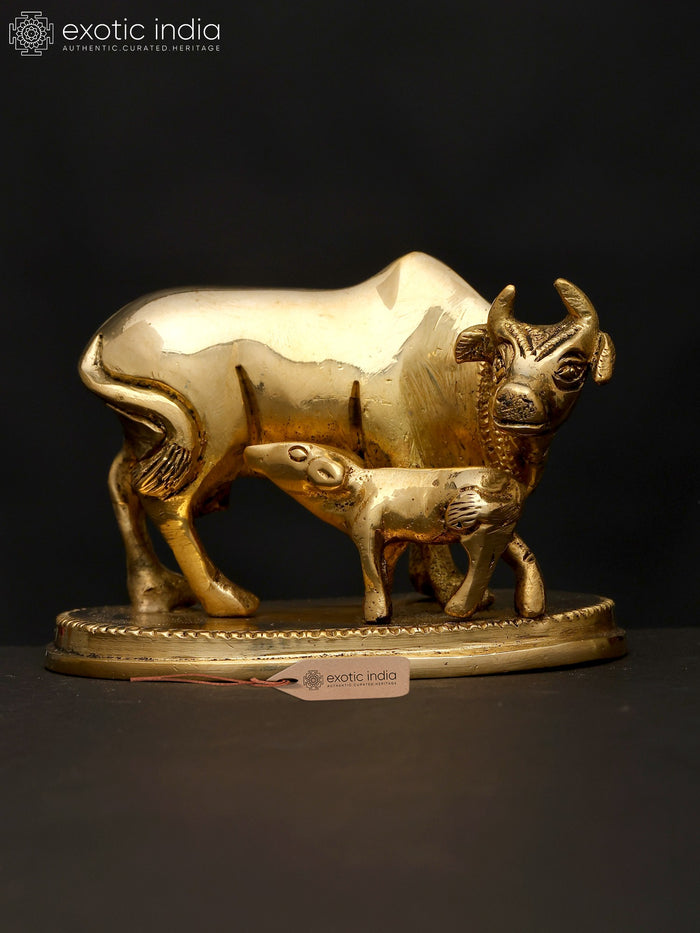 3" Brass Cow and Calf Handmade Statue for Home Decor