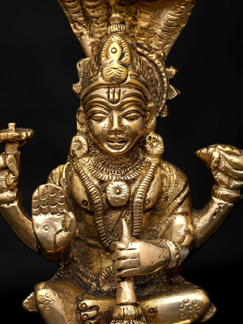 5" Small Sitting Lord Vishnu with Protected Sheshnag | Brass Statue