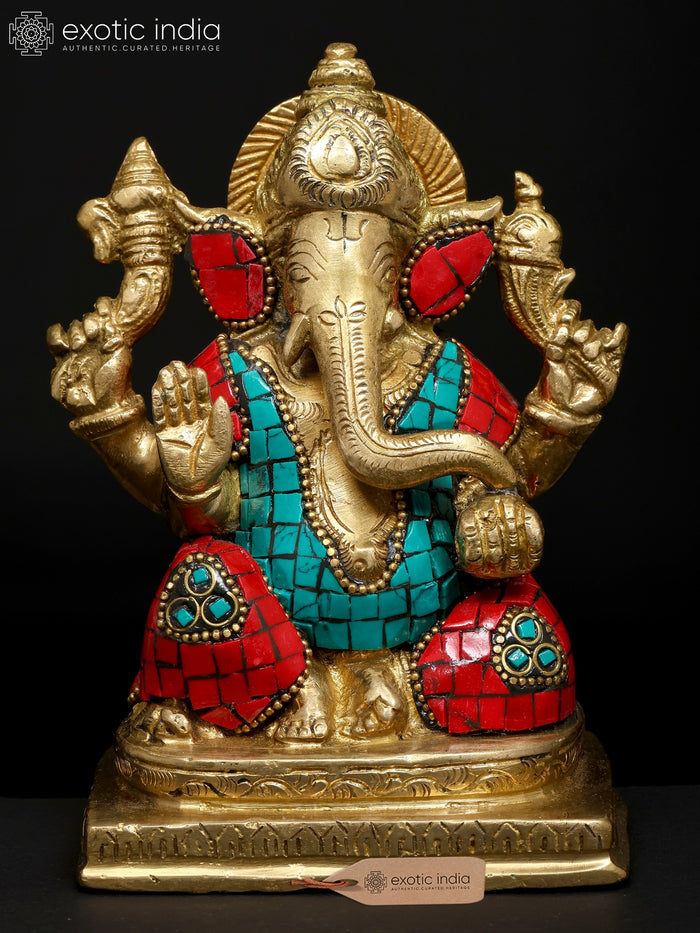 6" Four Armed Blessing Ganesha Brass Statue with Inlay Work