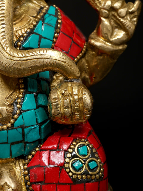 6" Small Four Armed Blessing Lord Ganesha | Brass Statue with Inlay Work
