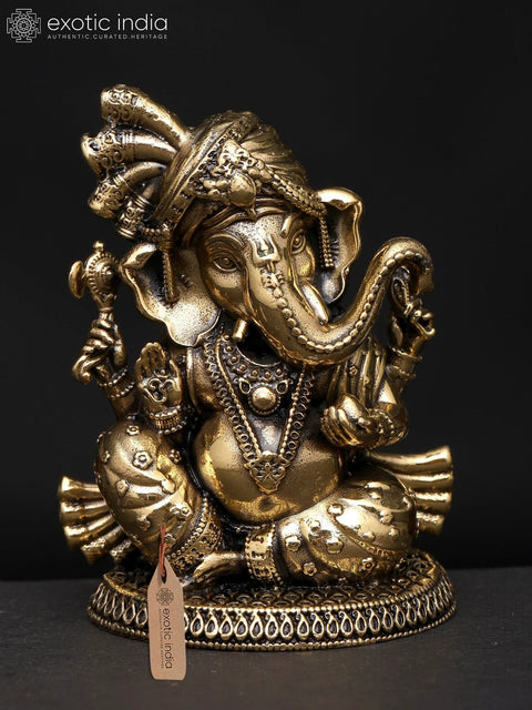 2" Small Superfine Turbaned Lord Ganesha in Blessing Gesture | Brass Statue