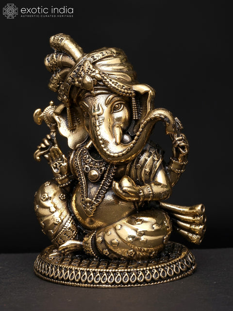 2" Small Superfine Turbaned Lord Ganesha in Blessing Gesture | Brass Statue