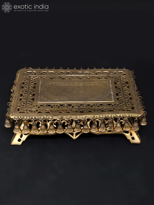 21" Rectangular Brass Chowki Pedestal with Dangling Bells for Pooja