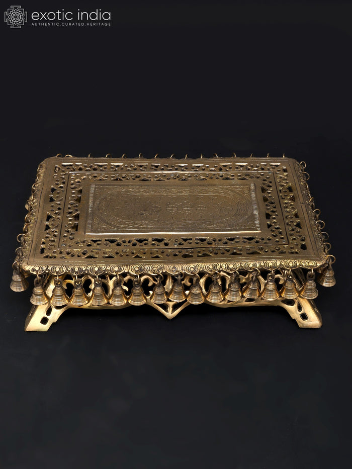 21" Rectangular Brass Chowki Pedestal with Dangling Bells for Pooja