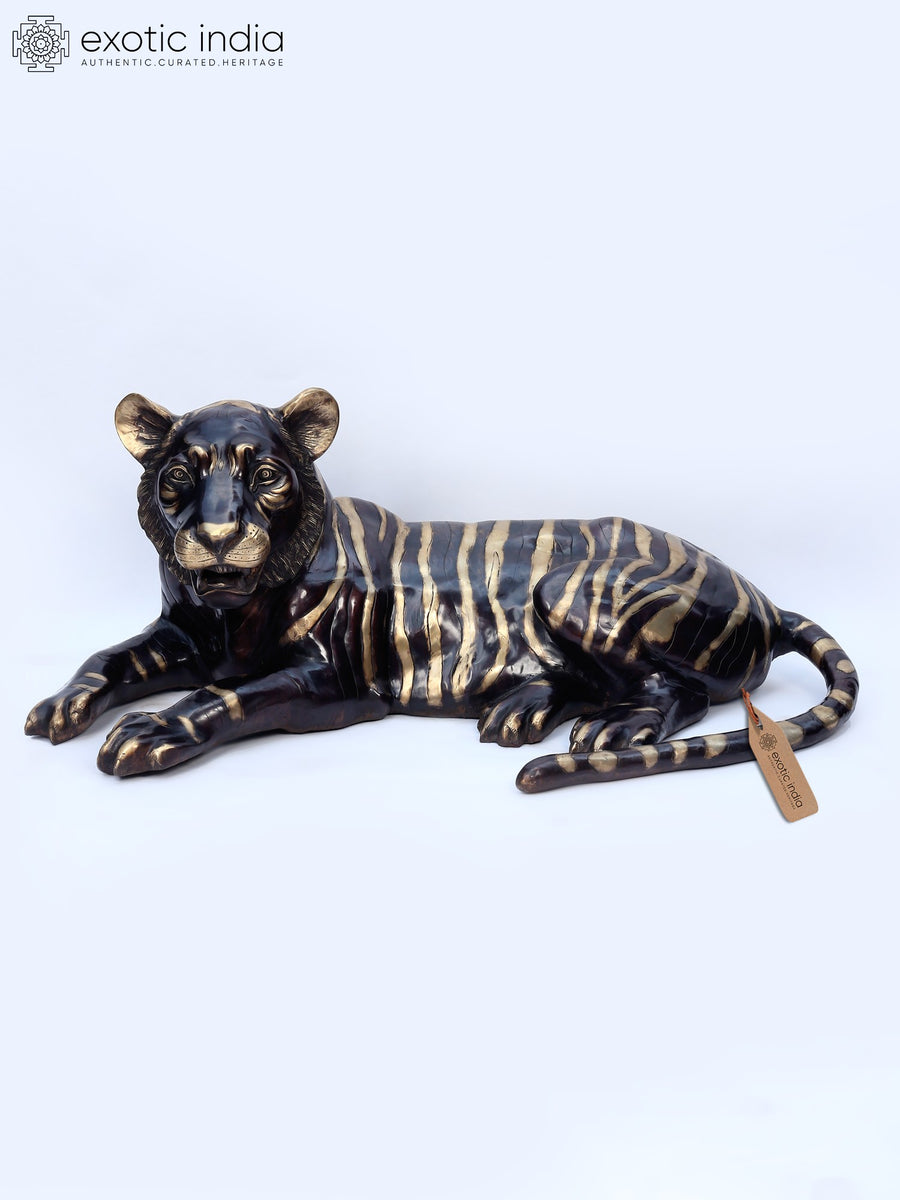 53" Large Brass Resting Tiger Sculpture for Home Decor