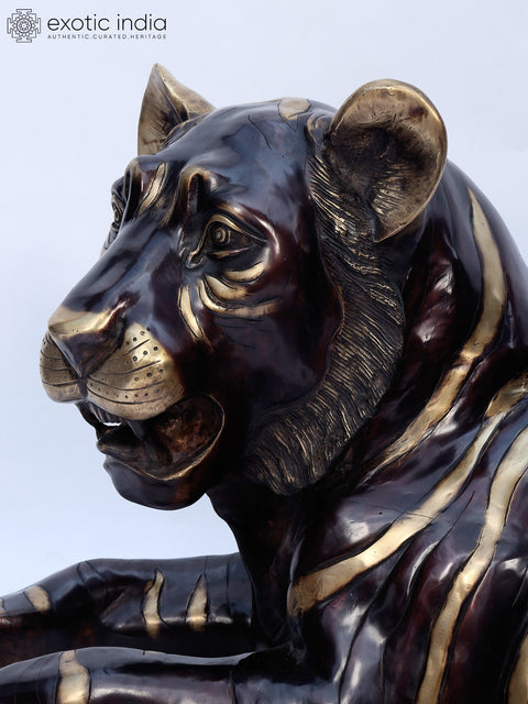 53" Large Decorative Royal Resting Tiger | Brass Sculpture