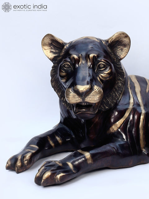 53" Large Decorative Royal Resting Tiger | Brass Sculpture