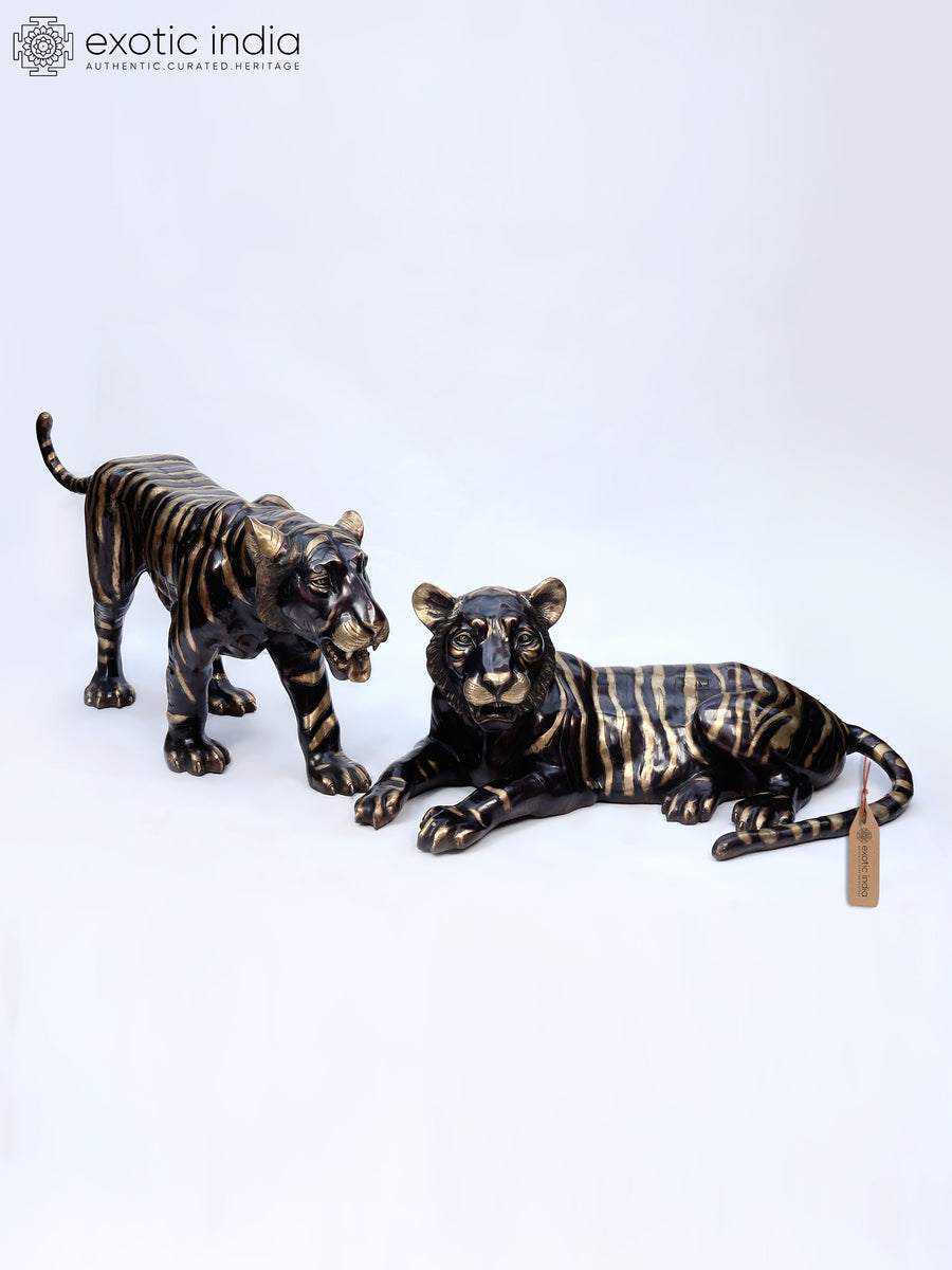 Pair of Tigers in Resting Pose Brass Sculpture