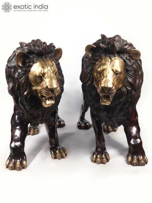 Large Pair of Lion Kings Brass Sculpture Handmade