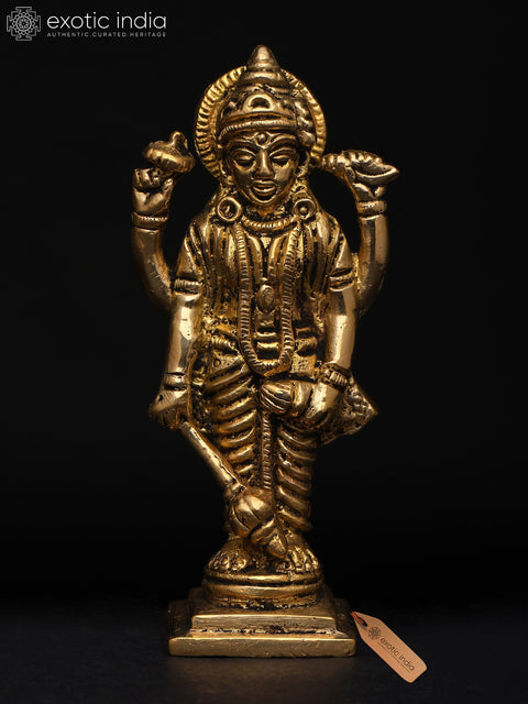 4" Small Divine Form of Lord Vishnu with Conch, Chakra, Mace and Lotus | Brass Statue