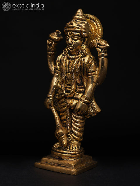 4" Small Divine Form of Lord Vishnu with Conch, Chakra, Mace and Lotus | Brass Statue