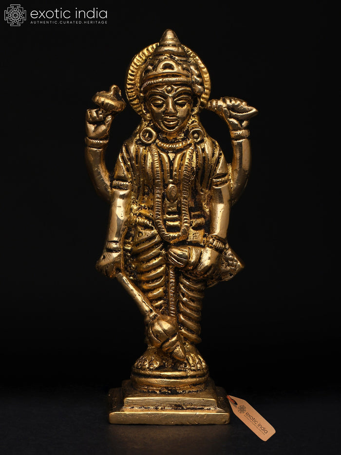 4" Lord Vishnu Brass Statue with Conch Chakra and Mace