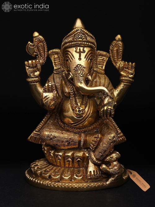 5" Chaturbhuja Lord Ganesha Brass Statue Remover of Obstacles