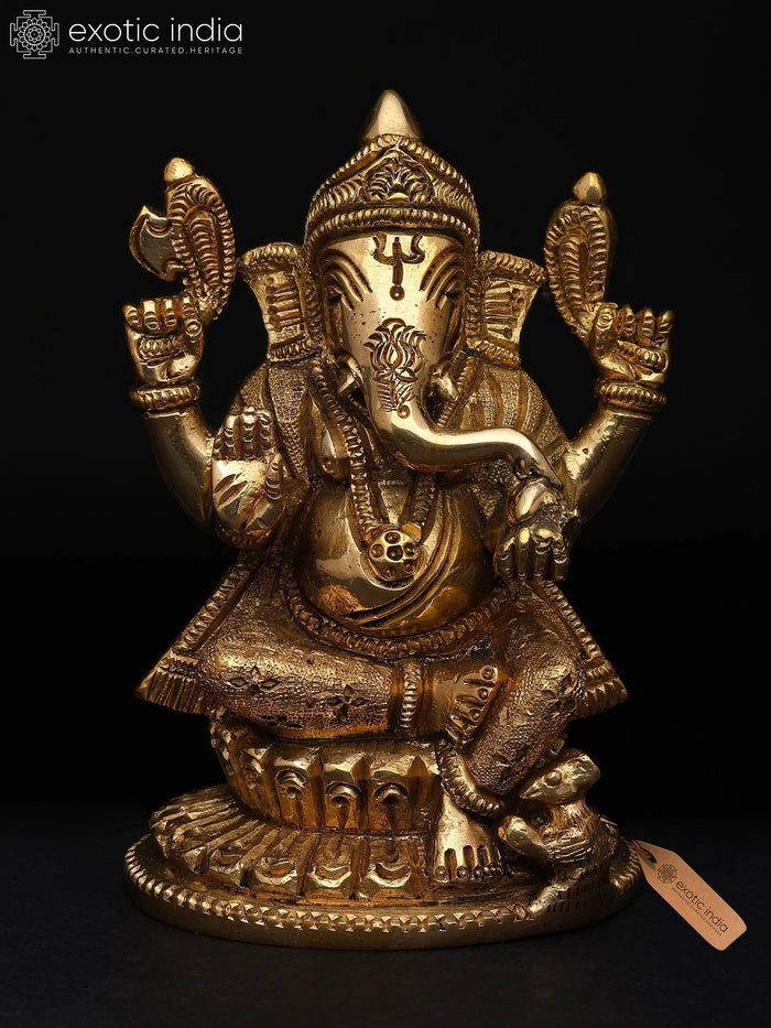 5" Chaturbhuja Lord Ganesha Brass Statue Remover of Obstacles