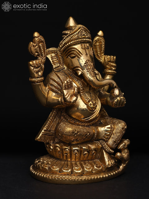 5" Small Chaturbhuja Lord Ganesha – Remover of Obstacles | Brass Sculpture