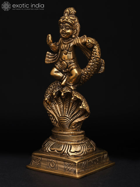 5" Small Bal Krishna Dancing on Kaliya Serpent | Brass Idol