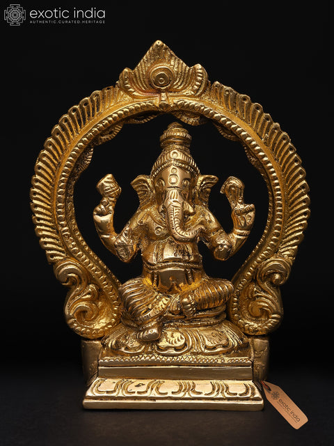 4" Small Lord Ganesha Seated Under The Temple Arch | Brass Statue