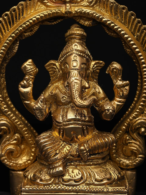 4" Small Lord Ganesha Seated Under The Temple Arch | Brass Statue