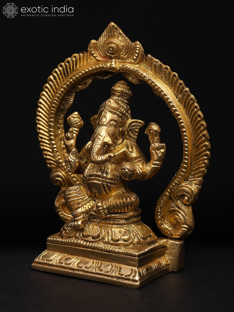 4" Small Lord Ganesha Seated Under The Temple Arch | Brass Statue