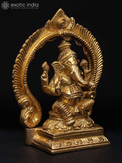4" Small Lord Ganesha Seated Under The Temple Arch | Brass Statue