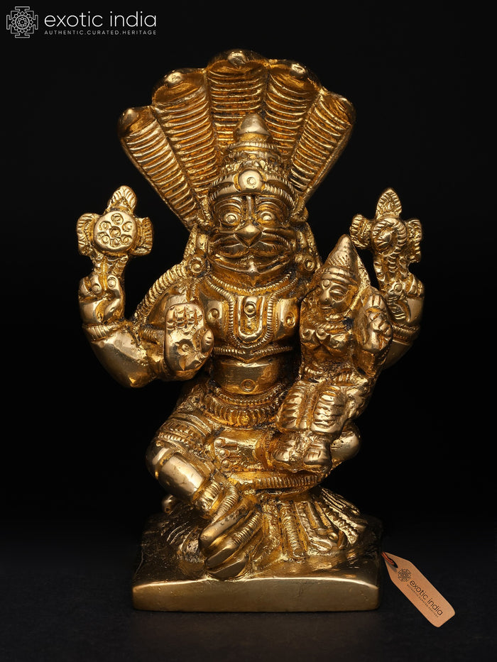 3" Small Lord Narasimha with Goddess Lakshmi and Five Headed Vasuki Serpent | Brass Idol