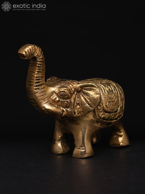 2" Small Royal Elephant with Upraised Trunk and Carvings | Brass Statue