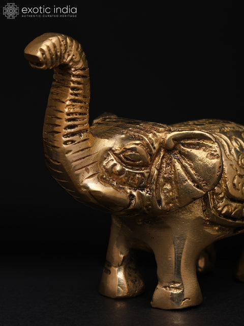 2" Small Royal Elephant with Upraised Trunk and Carvings | Brass Statue