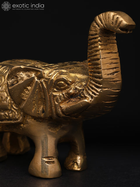 2" Small Royal Elephant with Upraised Trunk and Carvings | Brass Statue
