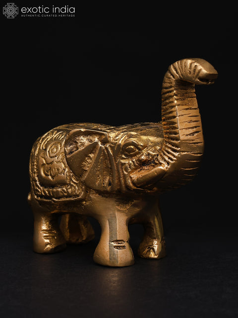 2" Small Royal Elephant with Upraised Trunk and Carvings | Brass Statue