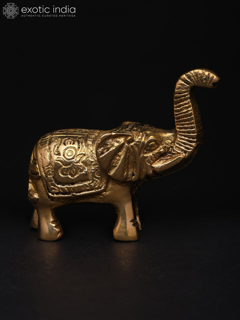 2" Small Royal Elephant with Upraised Trunk and Carvings | Brass Statue