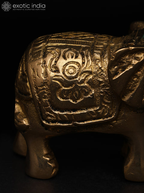 2" Small Royal Elephant with Upraised Trunk and Carvings | Brass Statue