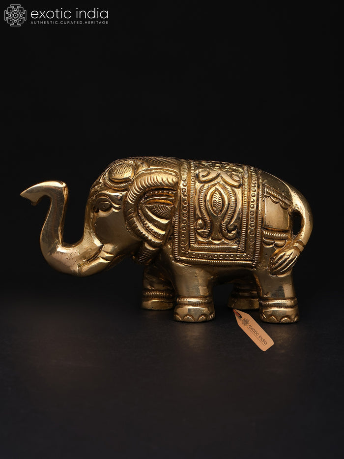 4" Brass Elephant Sculpture with Intricate Hand Carvings