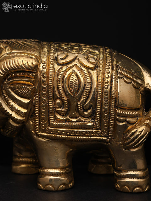 4" Small Decorative Elephant with Intricate Carvings | Brass Sculpture