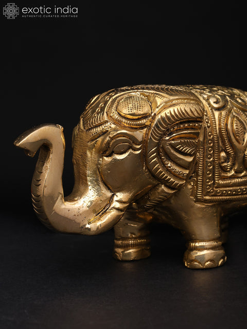 4" Small Decorative Elephant with Intricate Carvings | Brass Sculpture